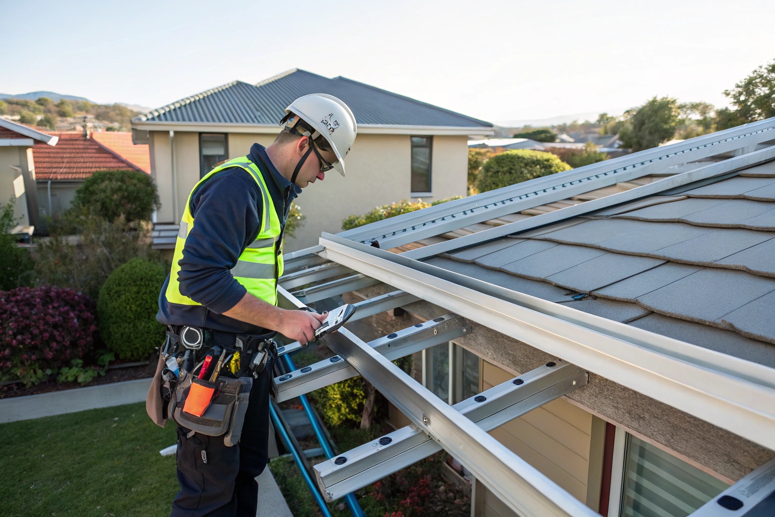 Professional solar installer examining a roof in safety gear before installation