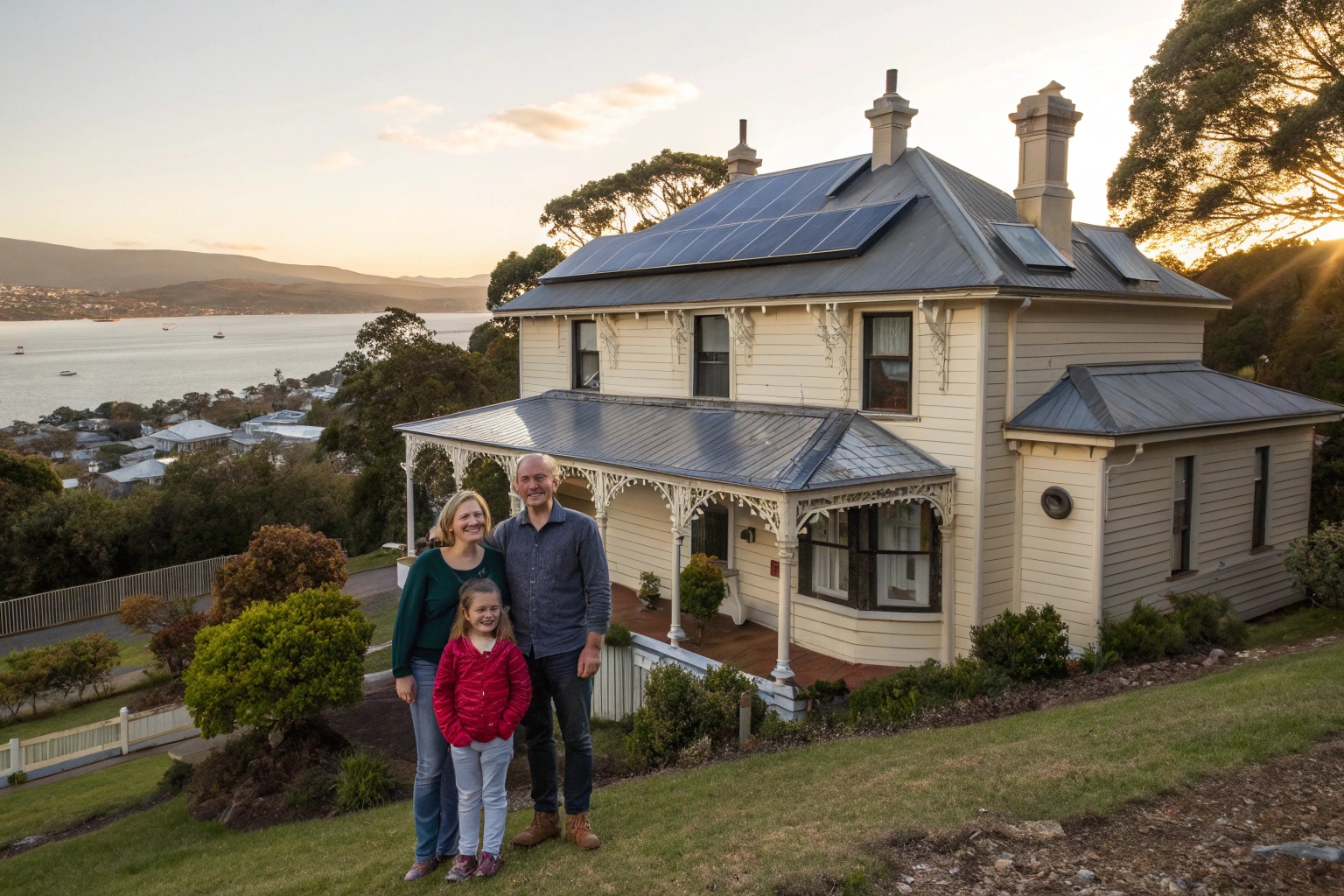 Happy Mount Stuart family at their heritage home featuring premium solar panel installation with harbour views