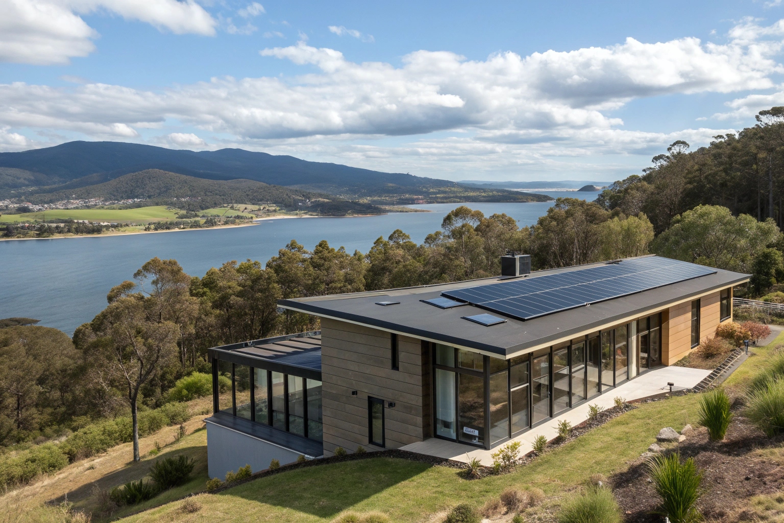Modern Taroona home with solar panels overlooking Derwent River and Mount Wellington