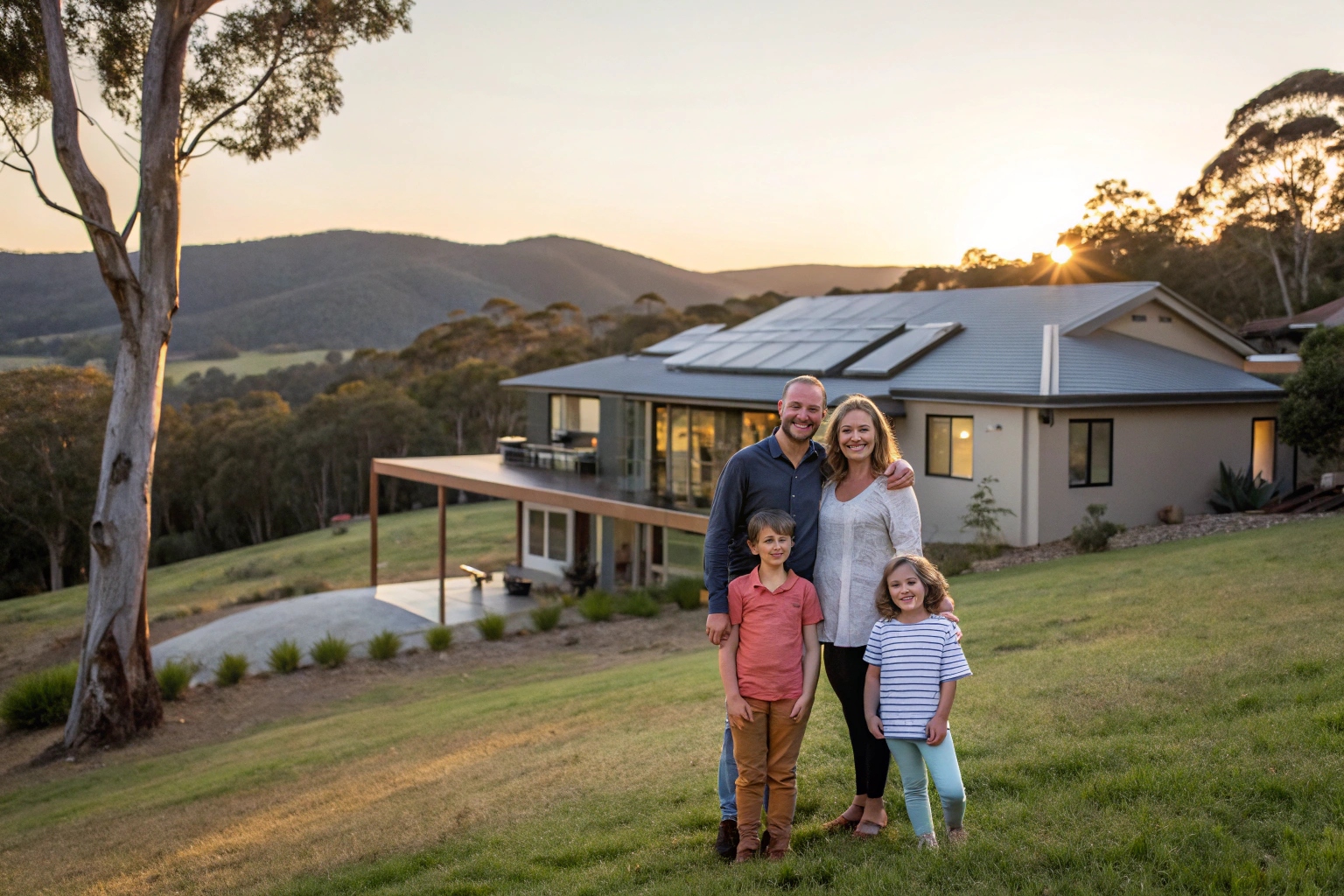 Happy family in front of their solar-powered Lenah Valley home with mountain valley backdrop