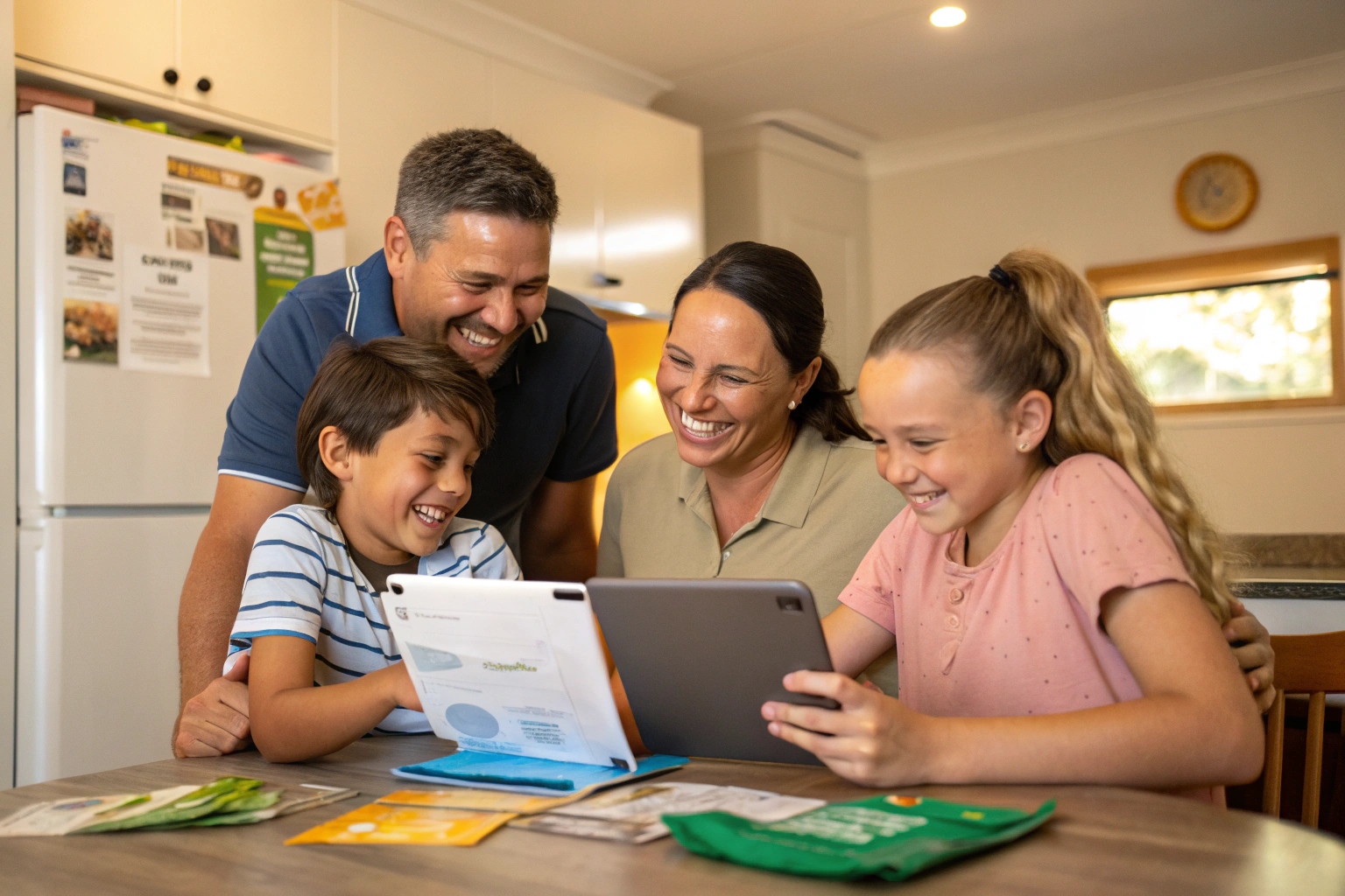 Happy Bridgewater family reviewing electricity bill savings from solar panels in their kitchen, showing financial benefits for local households