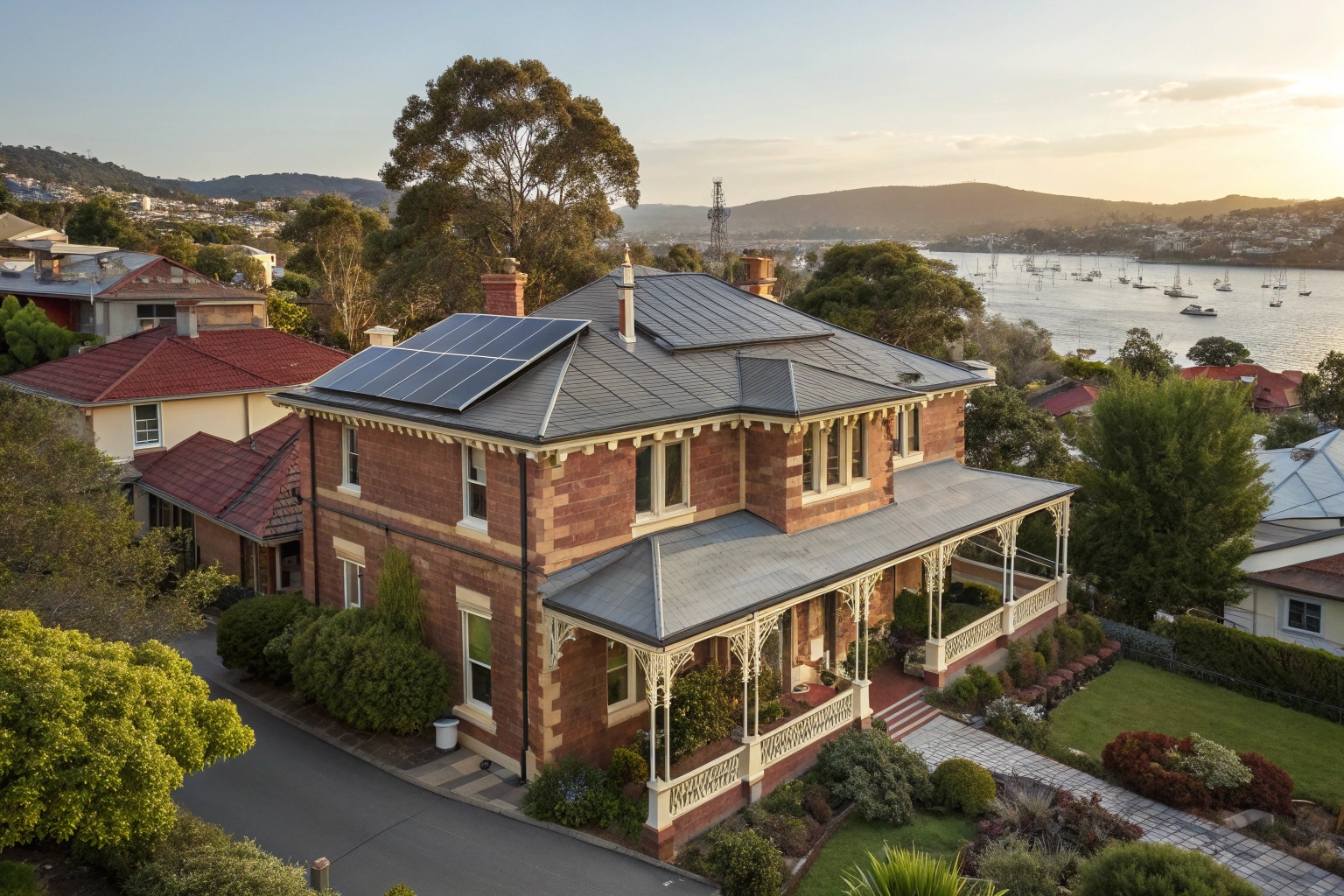 Premium solar panels elegantly integrated on West Hobart heritage home with harbour views