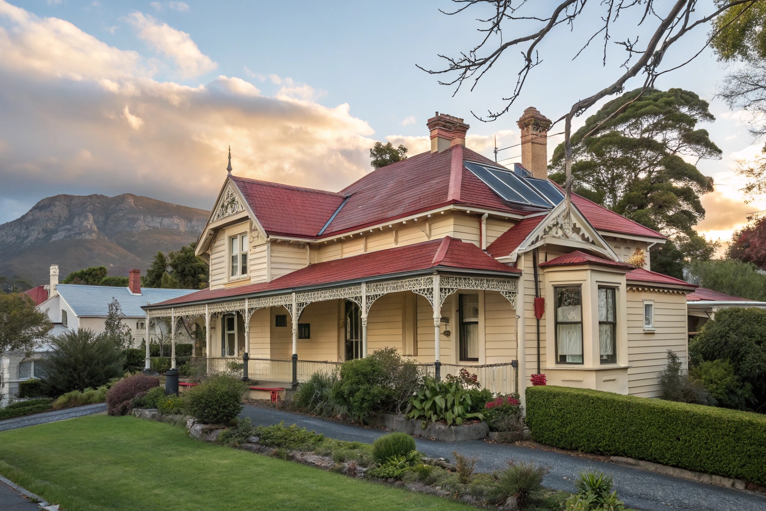 Heritage Federation home in South Hobart with professionally installed solar panels and Mount Wellington backdrop