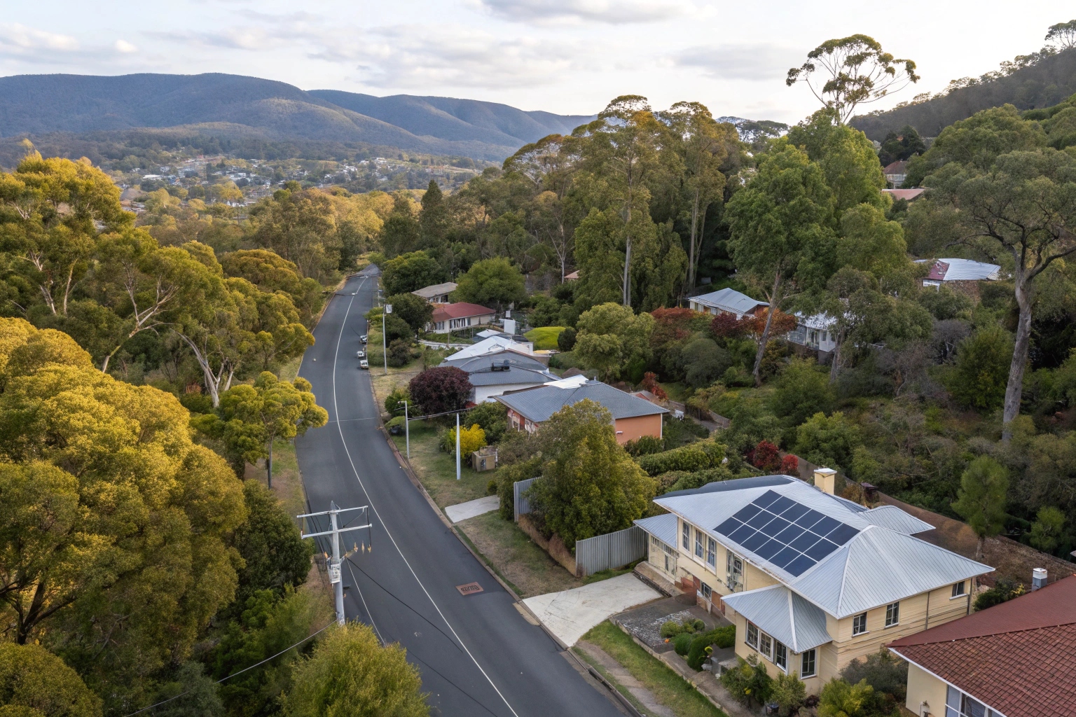 Aerial view of heritage homes with solar panels in Dynnyrne South Hobart showing seamless neighbourhood integration