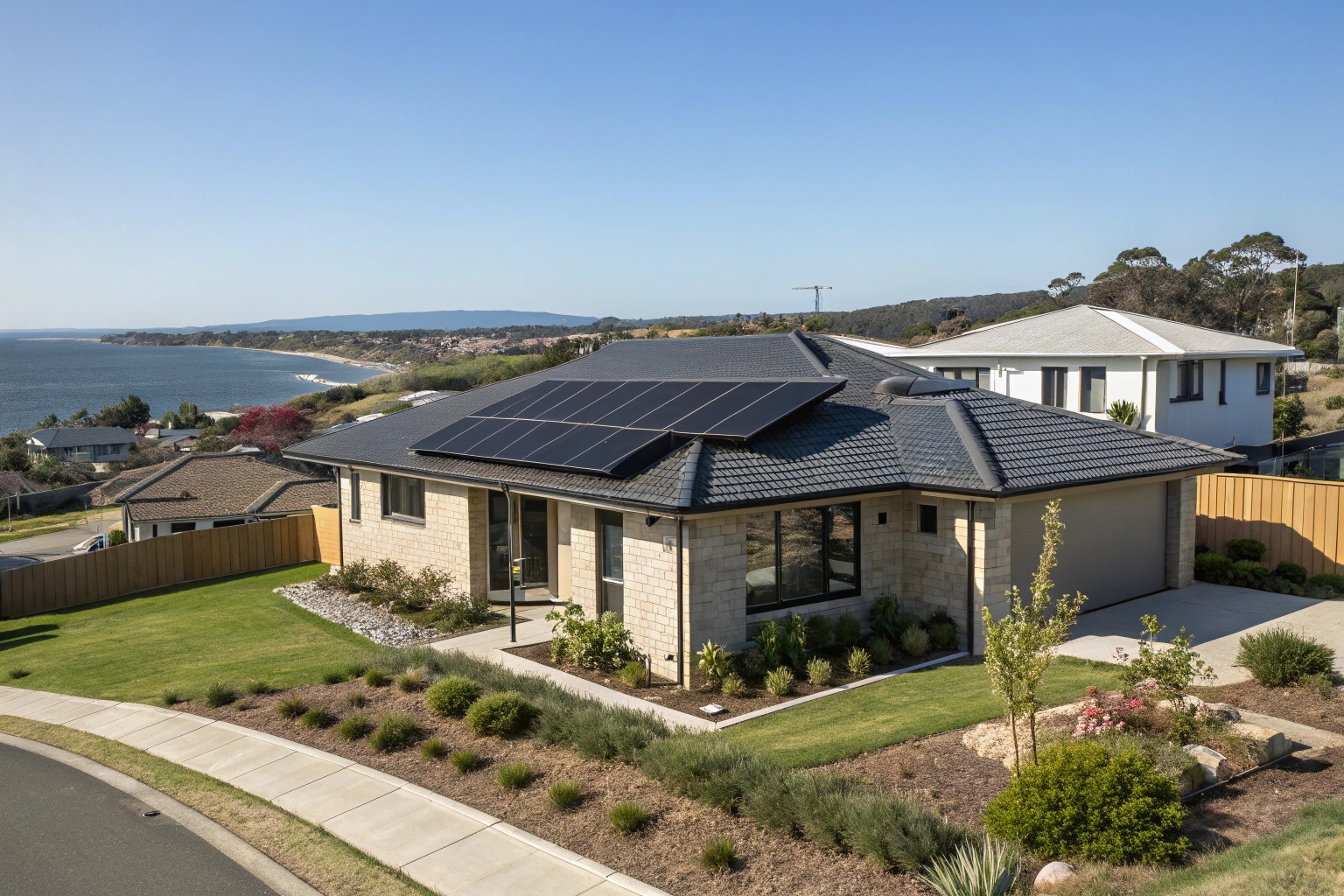 New build home with solar panels in Risdon Vale, Tasmania, suburban setting