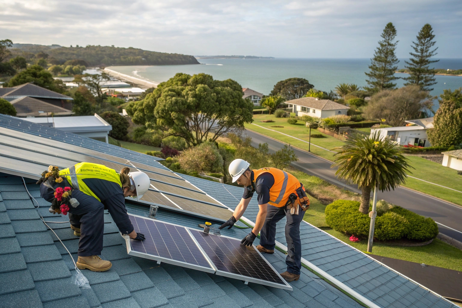 Professional solar installation team installing panels on Taroona coastal home