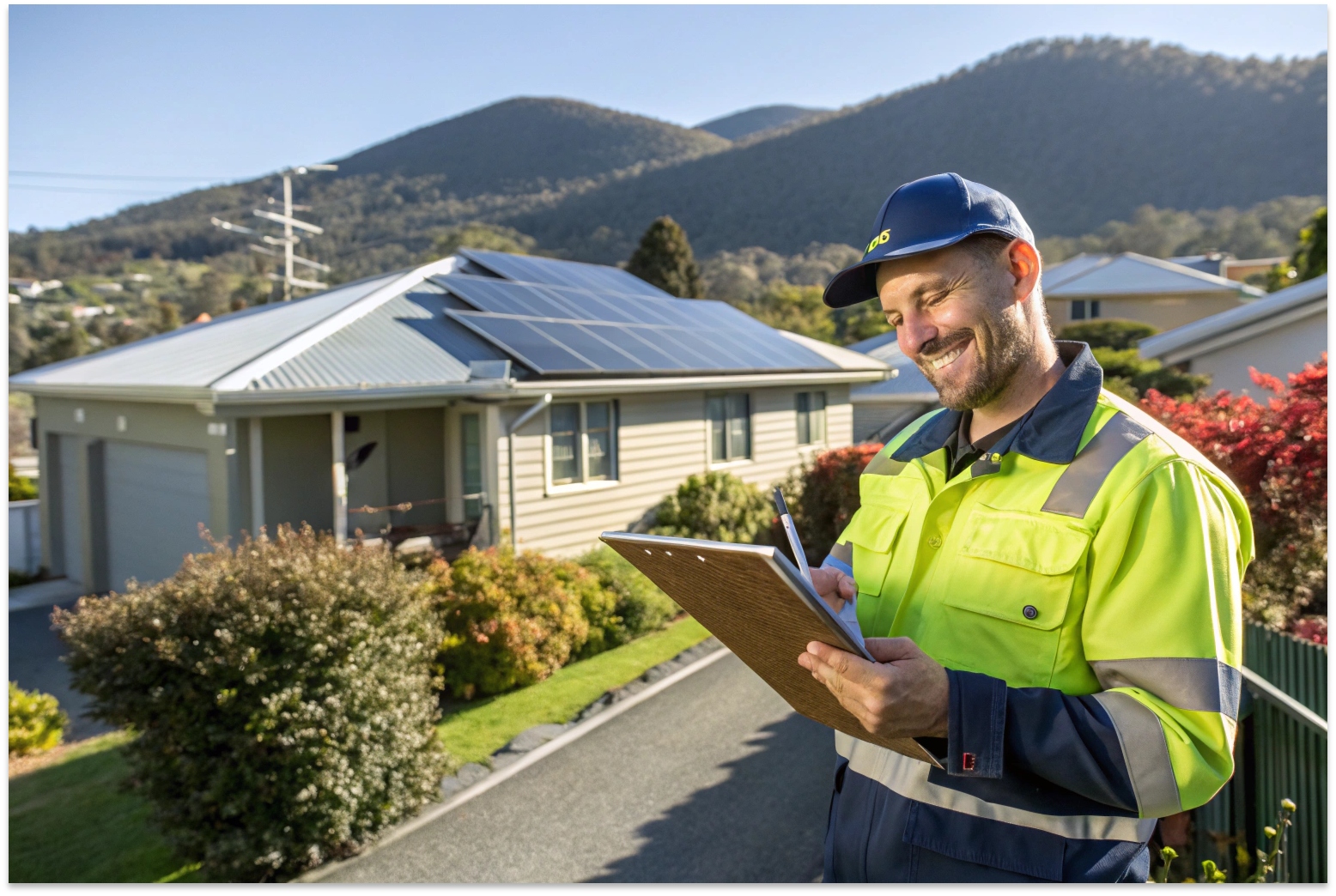 a-friendly-male-solar-technician-in-high-visibilit Solar technician providing inverter replacement service in Hobart Tasmania