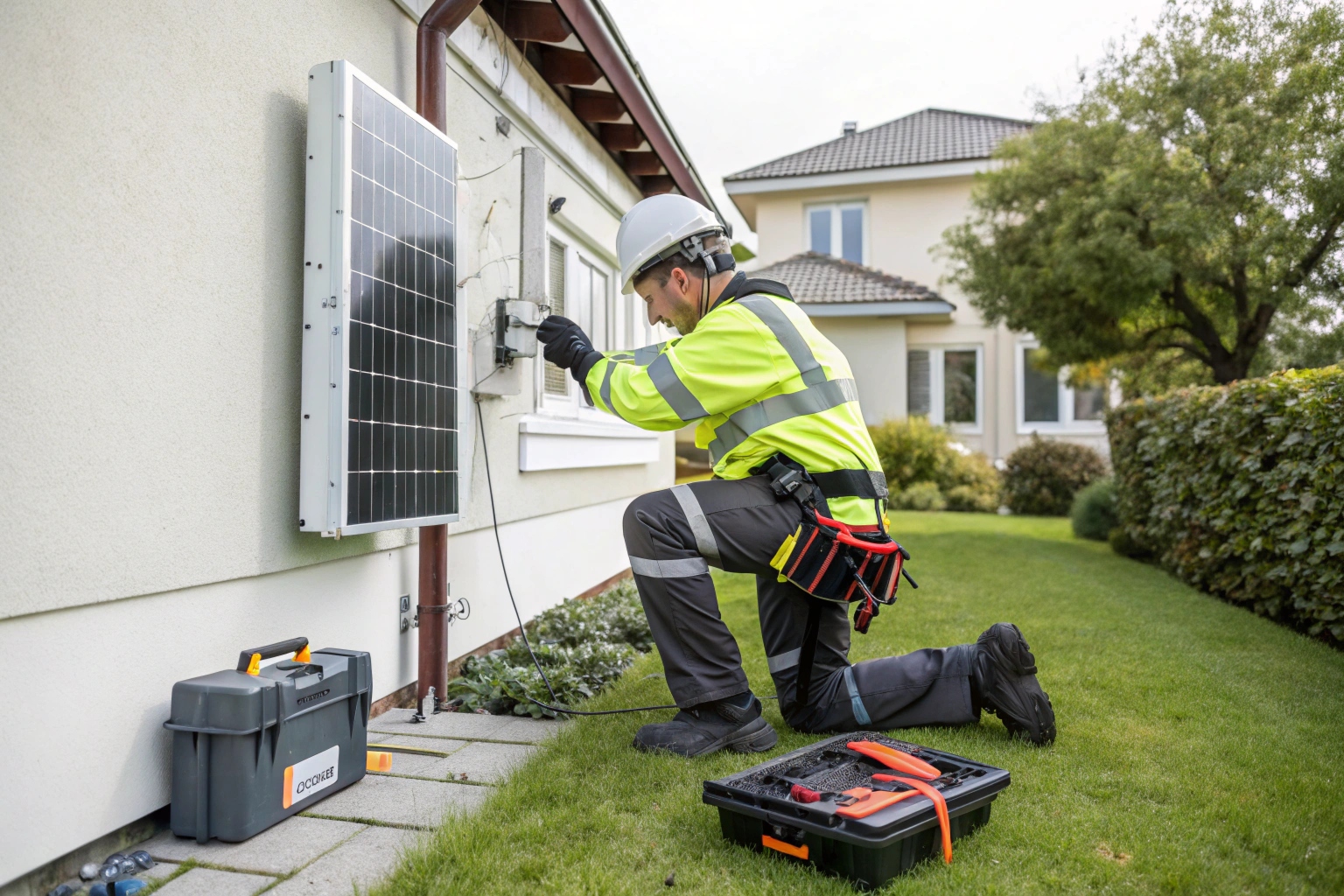 a-professional-solar-technician-in-high-visibility Qualified technician performing battery replacement and servicing in Hobart