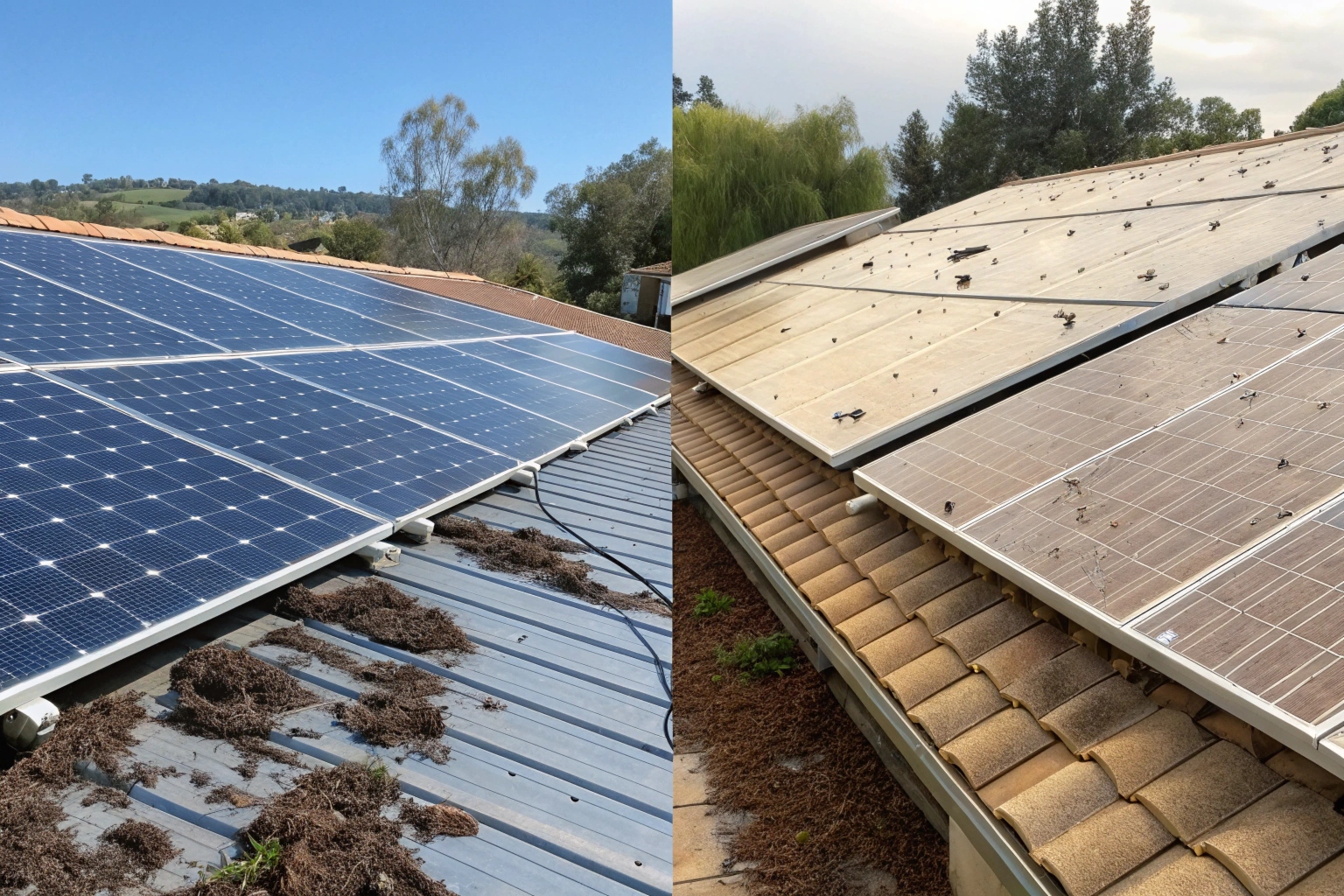 Clean solar panels versus dirty panels showing performance difference
