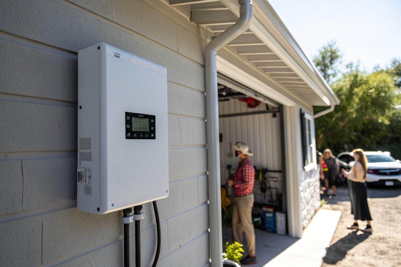 close-up-view-of-solar-inverter-mounted-on-garage- Solar inverter with monitoring display in Hobart garage