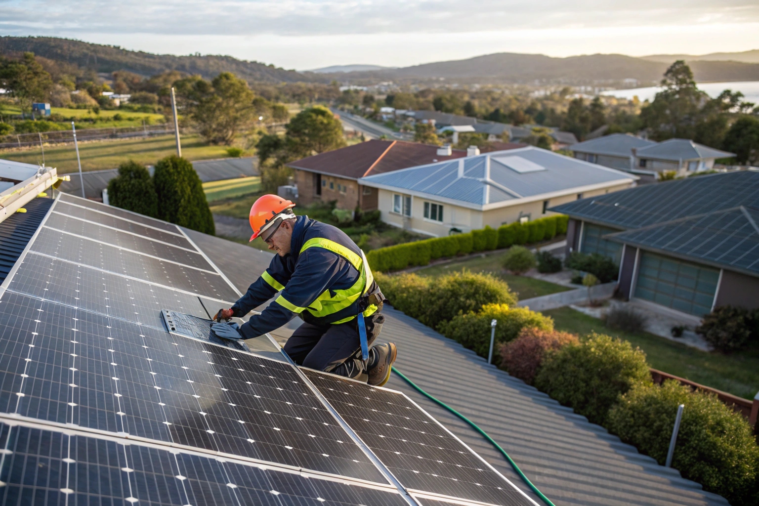professional-solar-technician-in-safety-gear-worki Qualified technician performing complete solar system servicing in Hobart